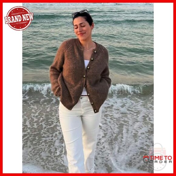 Chunky Knit Cardigan Sweater Button Down Loose Fit Casual Crewneck - Picture 5 of 8